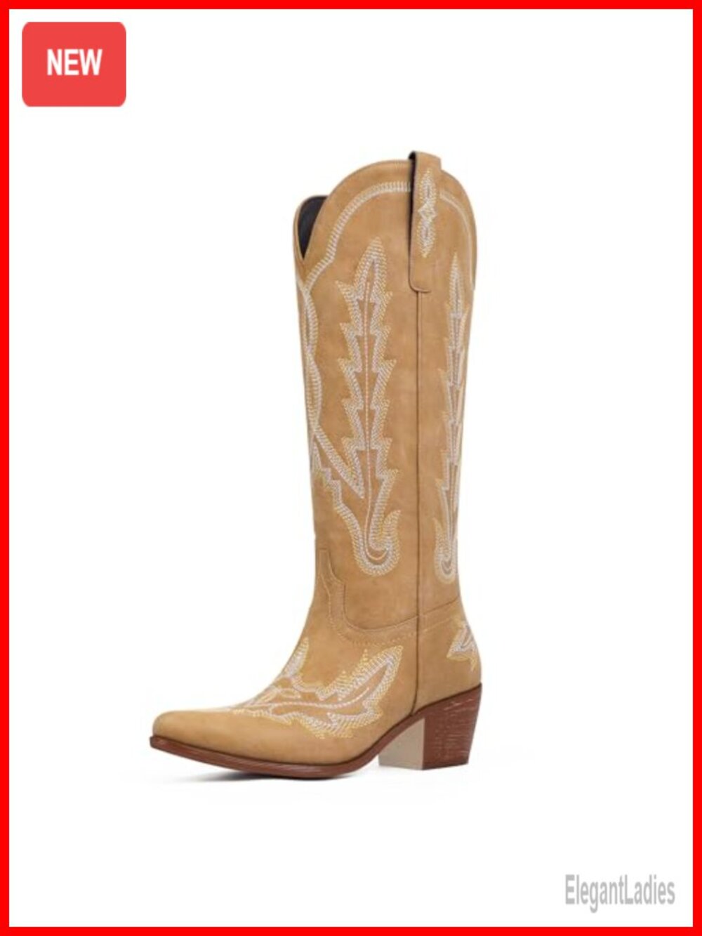 Knee High Cowboy Boots Embroidered Western Almond Toe Chunky Heel